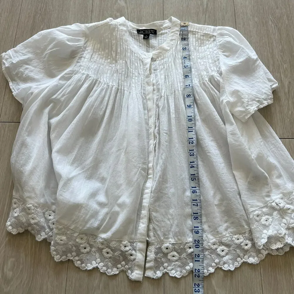 J Crew FLAWED Lace Trim Pintuck Top In Cotton Voile Small White
